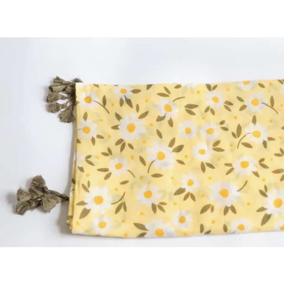 Yellow White Cottage Floral Design Lightweight Tasseled Scarf - Picture 4 of 4